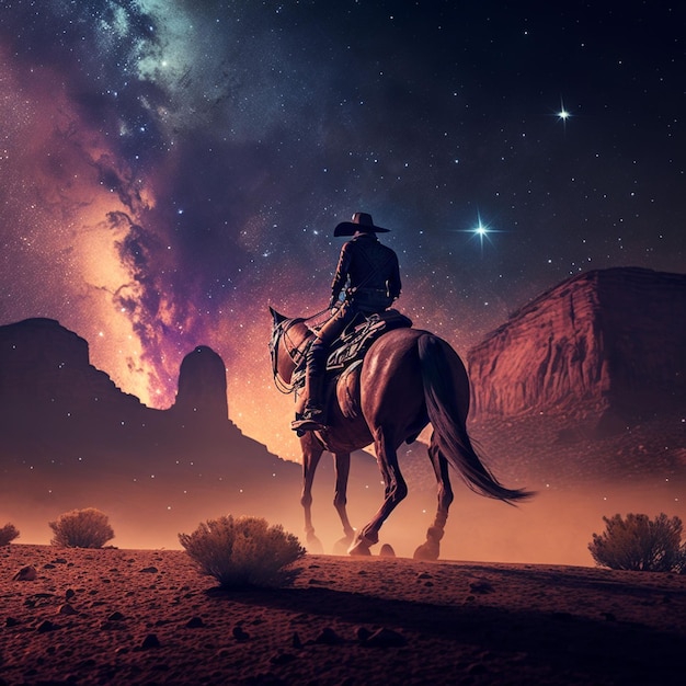 A cowboy rides a horse in a desert with a star in the background.