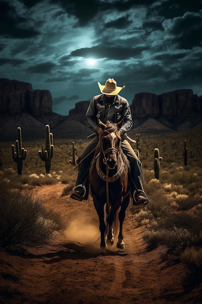 A cowboy rides a horse in the desert.