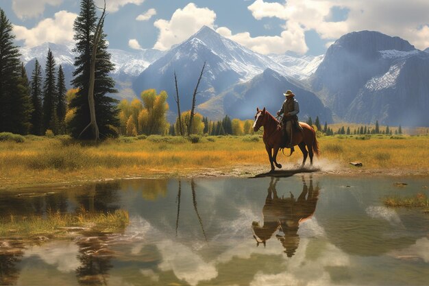 A cowboy rides a horse in front of a mountain range.