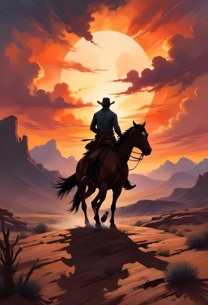 a cowboy rides a horse in the sunset