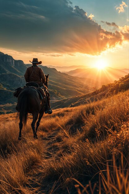 Photo a cowboy riding his horse through a golden field at sunset with mountains