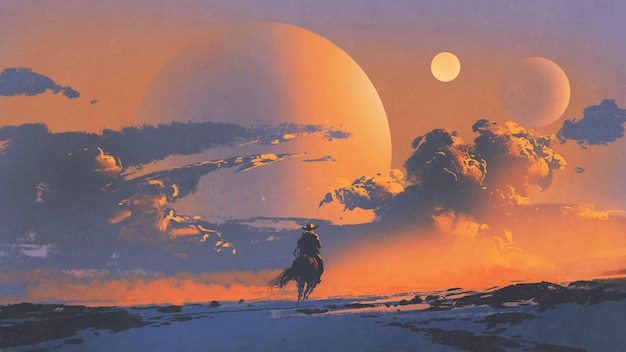 cowboy riding a horse against sunset sky with planets background, digital art style, illustration painting