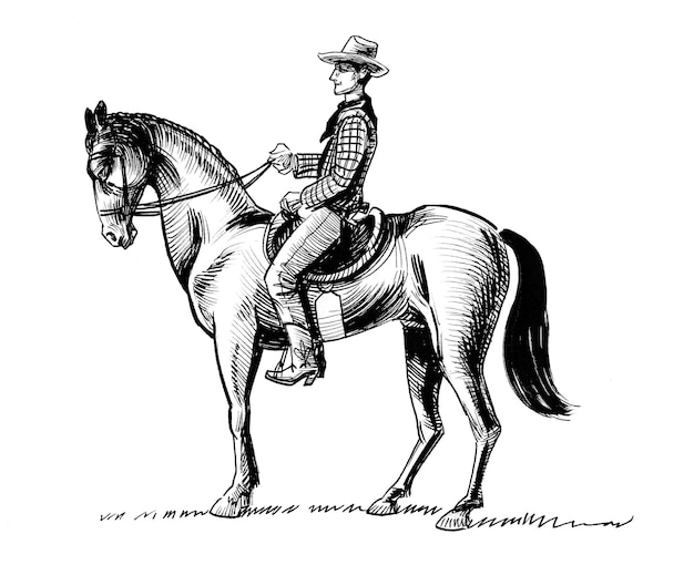 Cowboy riding a horse. Ink black and white drawing