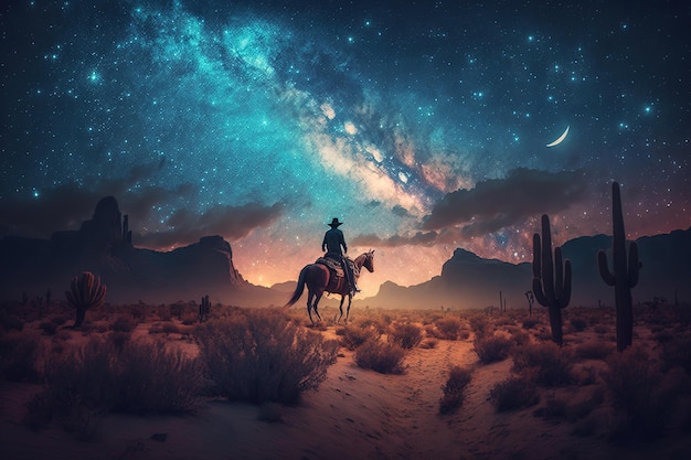 cowboy riding a horse at night.