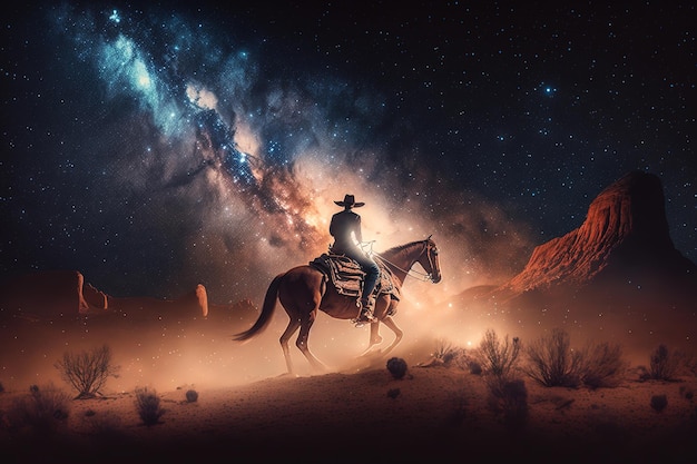 cowboy riding a horse at night.