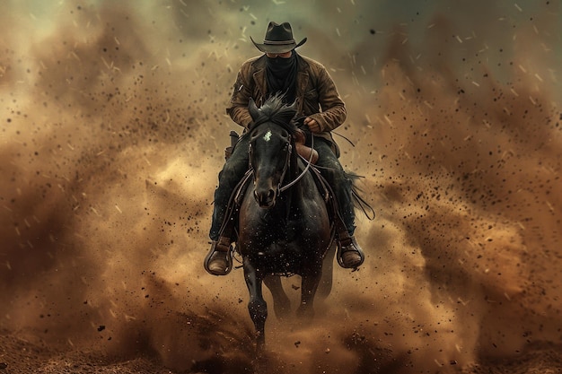 Photo cowboy riding through dust cloud