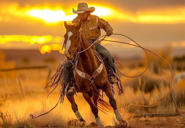 Photo cowboy roping on horseback at sunsetxa