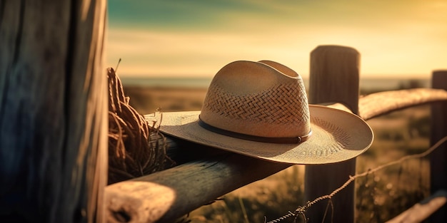 A cowboy's hat near a fence