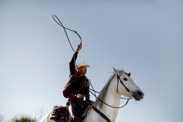 Cowboy silhouette with horse against warm light