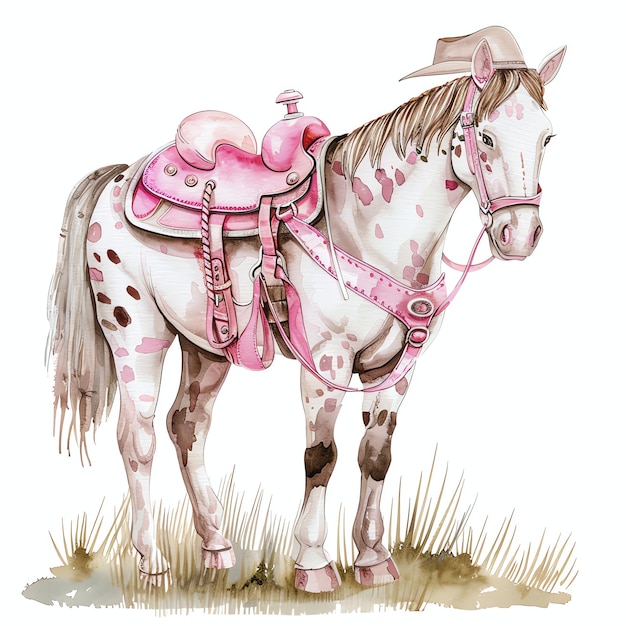 cowboy spotted horse wearing pink saddle watercolor