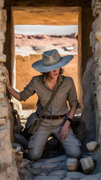 Photo a cowboy woman wearing a hat sits in a doorway