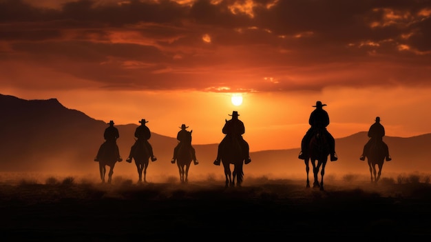 Cowboys on horseback silhouetted by the setting sun