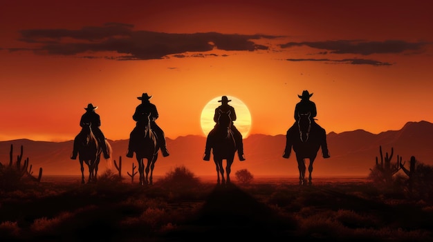 Cowboys on horseback silhouetted by the setting sun