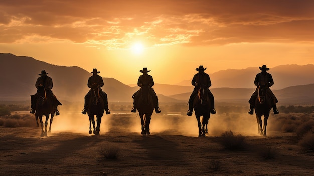 Cowboys on horseback silhouetted by the setting sun