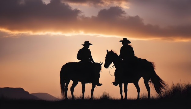 cowboys on horses are silhouetted against a sunset sky