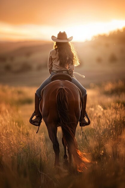 Cowgirl confidently rides her horse across a sunlit field embodying freedom companionship amidst