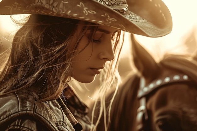 Photo cowgirl in a hat on a horse generative ai