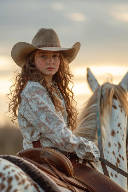 Photo cowgirl in a hat on a horse generative ai