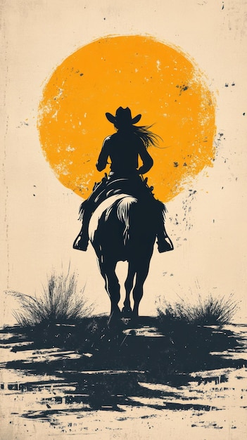 Photo cowgirl riding horse silhouette against a large yellow sun