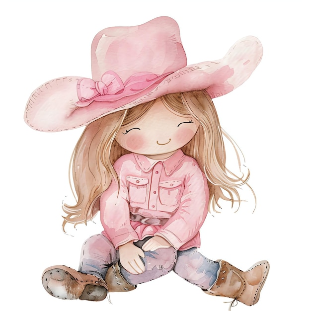 cowgirl wearing pink outfit sitting with legs crossed watercolor