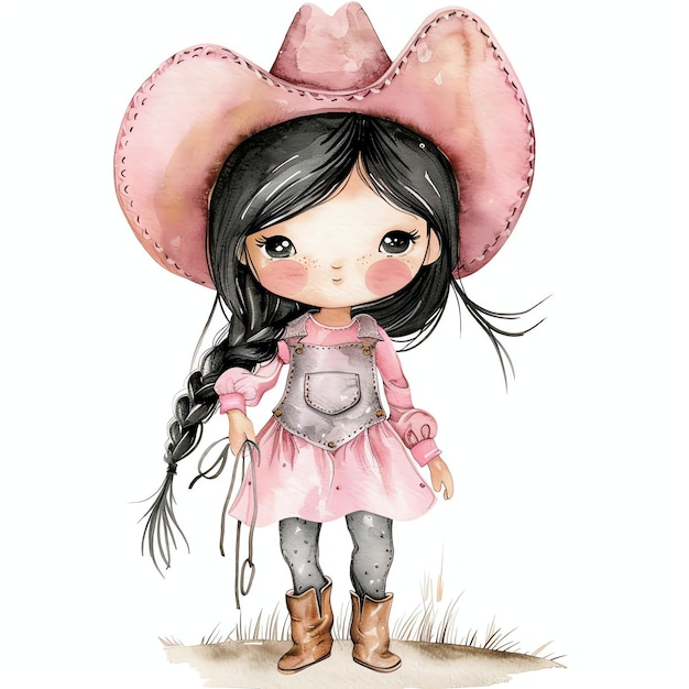 cowgirl with black hair standing watercolor