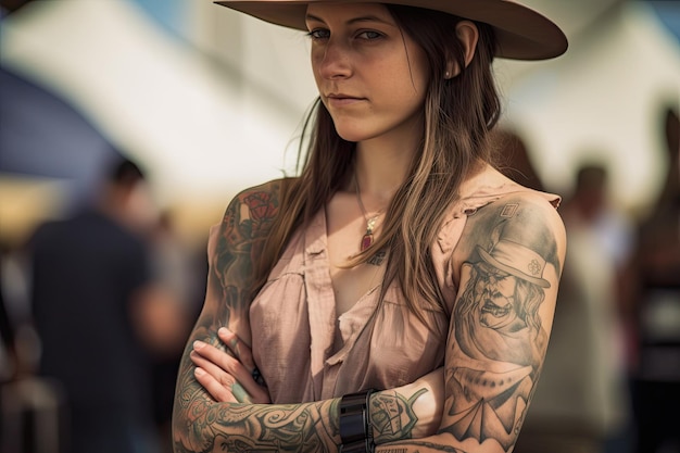 Cowgirl with intricate and ornate tattoo on her arm