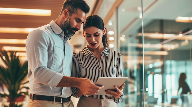 Coworkers are standing in a modern office environment smiling and looking at a digital tablet that the man is holding