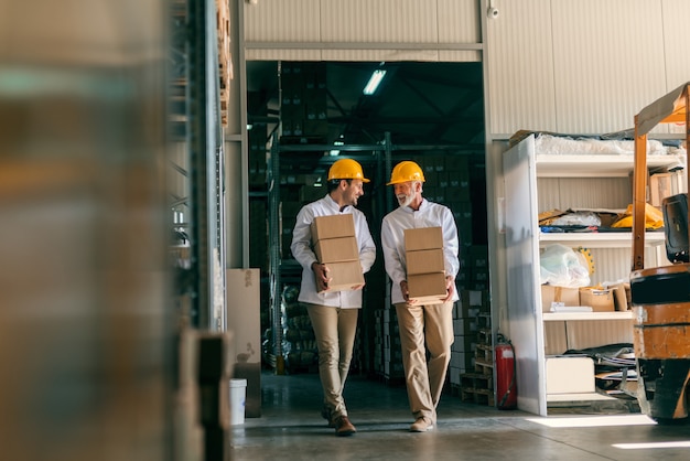 Coworkers carrying boxes with helmets on heads. Storage interior.