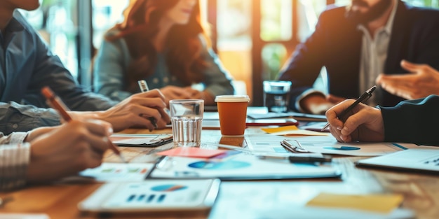 Coworkers collaborating and sharing insights during a strategy meeting