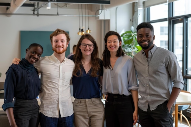 Photo coworkers standing side by side posing for a group photo with arms around each other a team of coworkers posing with their arms around each other in a modern office space