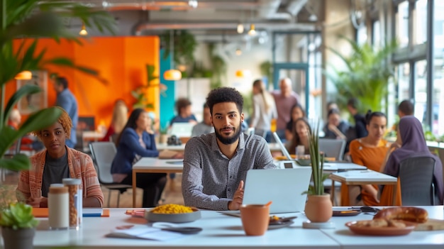 Coworking Space Young Black Man and Diverse Group of Professionals Engaged in Work AI Generated