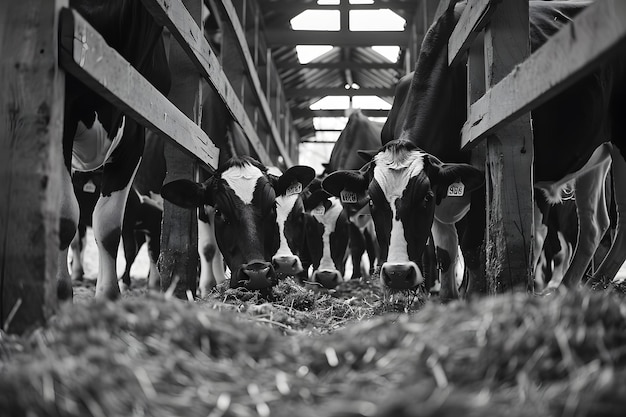 Photo cows are in a barn with one has a tag on the ear