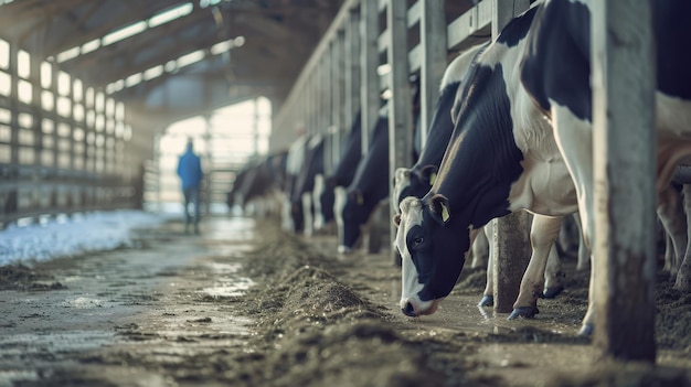 Photo cows are eating hay in a barn with a man in the background