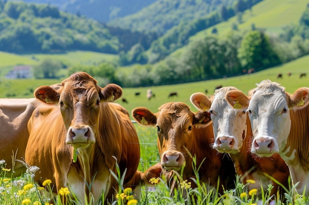 Photo cows are laying in a field with a mountain in the background