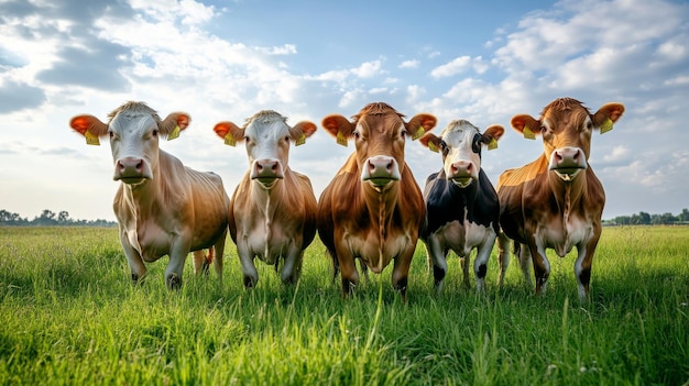 Photo cows are peacefully grazing under a bright and clear blue sky in a serene pasture scene