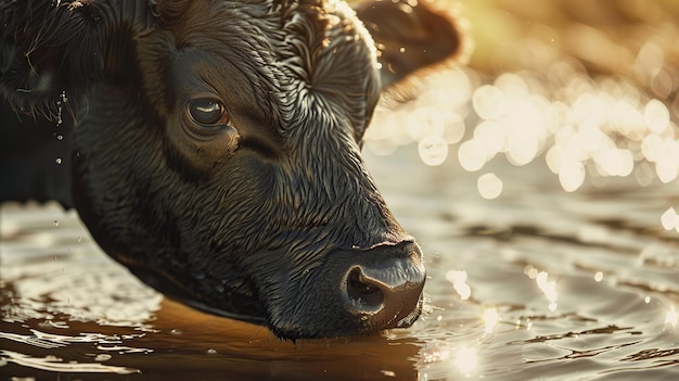 cows drinking water from a drinking rough at summer with nice sunlight photo