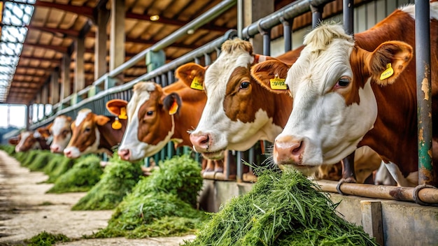 Cows on the farm eat grass silage in the stall closeup cow on the farm agriculture industry k