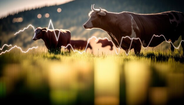 Cows in a field with a heart rate in the background