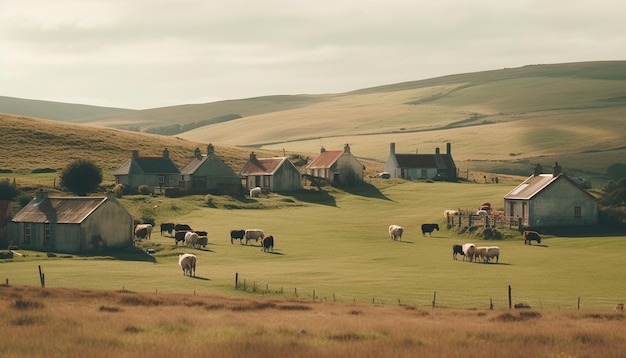 Cows graze on green pasture in rural landscape generated by AI