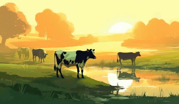 Cows grazing on a farm with sunlight farm landscape illustration with generative ai