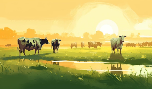 Cows grazing on a farm with sunlight farm landscape illustration with generative ai