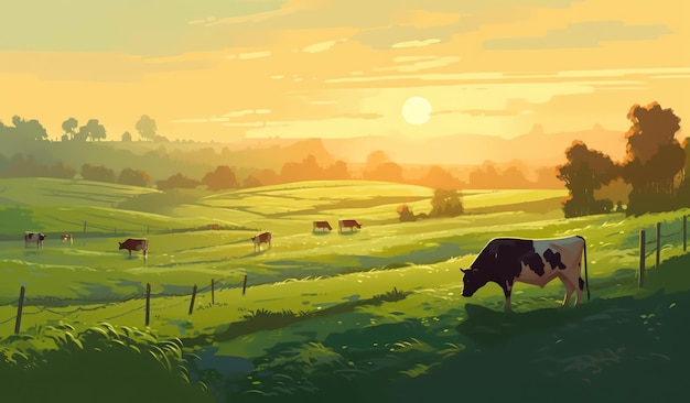 Cows grazing on a farm with sunlight farm landscape illustration with generative ai