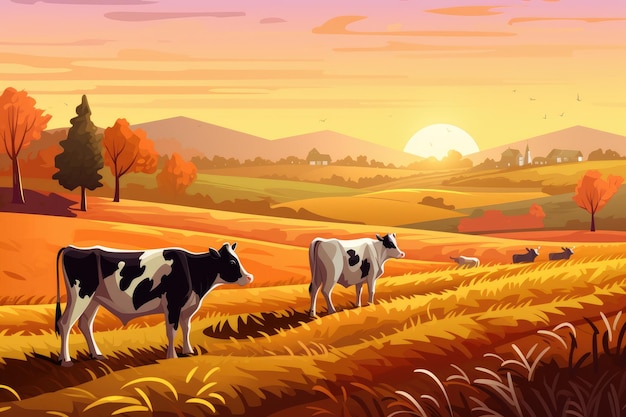 Cows grazing on a farm with sunlight farm landscape illustration with generative ai