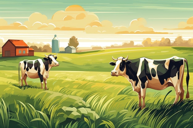 Cows grazing on a farm with sunlight farm landscape illustration with generative ai