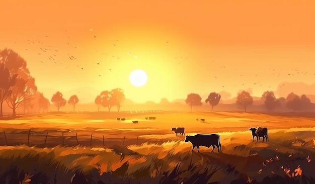 Cows grazing on a farm with sunlight farm landscape illustration with generative ai