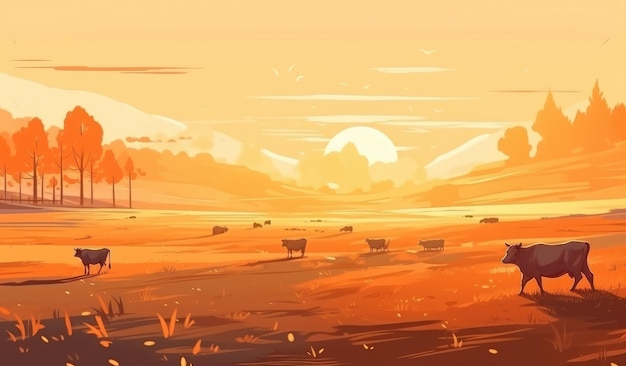 Cows grazing on a farm with sunlight farm landscape illustration with generative ai