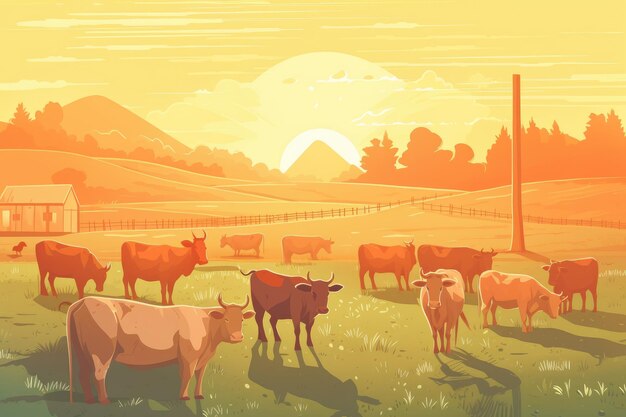 Cows grazing on a farm with sunlight farm landscape illustration with generative ai