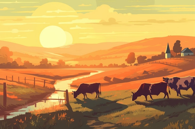 Cows grazing on a farm with sunlight farm landscape illustration with generative ai