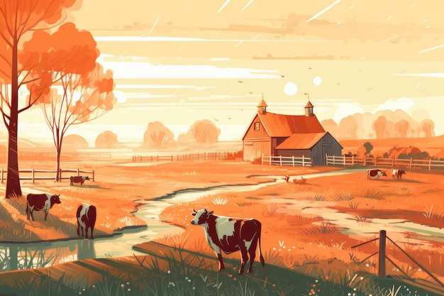 Cows grazing on a farm with sunlight farm landscape illustration with generative ai