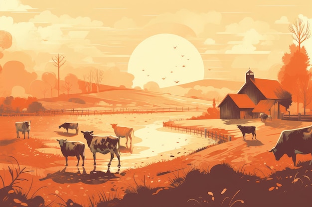 Cows grazing on a farm with sunlight farm landscape illustration with generative ai